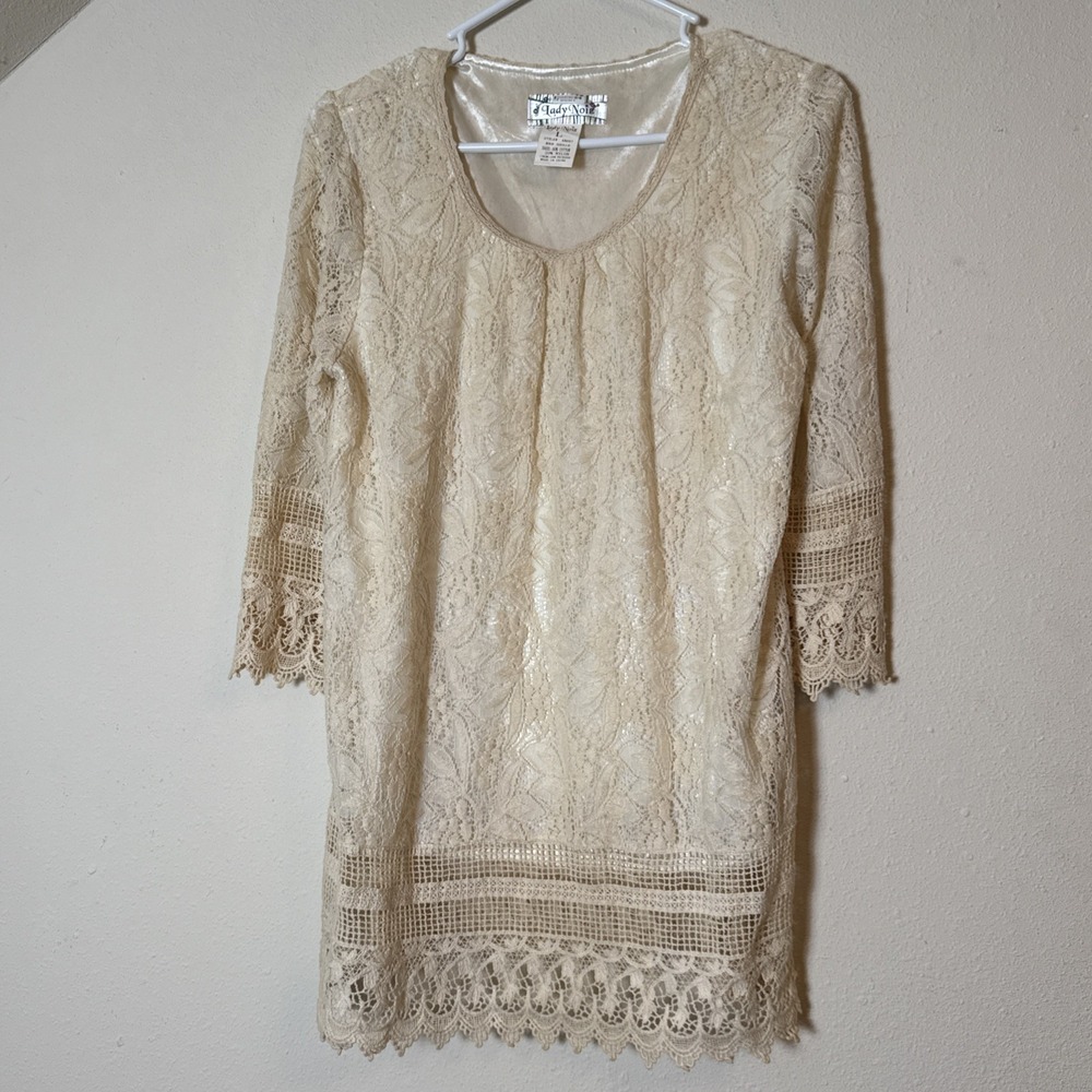Lady Noiz Lace Tunic Top Ivory Cream Boho Crochet Scalloped Hem Size L